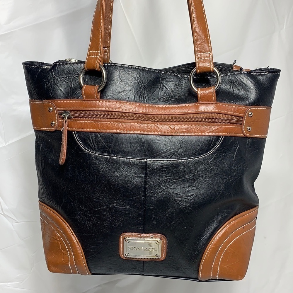 STONE & Co Black and Dark Tan Faux Leather Hobo with Magnetic Snap Closure